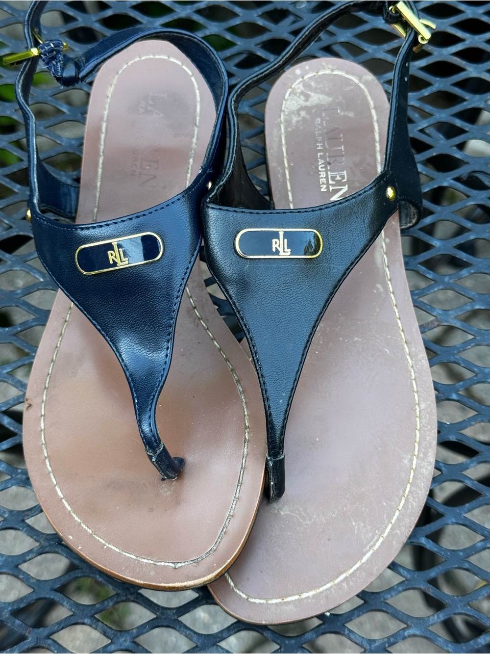 Ralph Lauren Parsi Black Leather Thong Sandals with Gold RL Accent Size 7